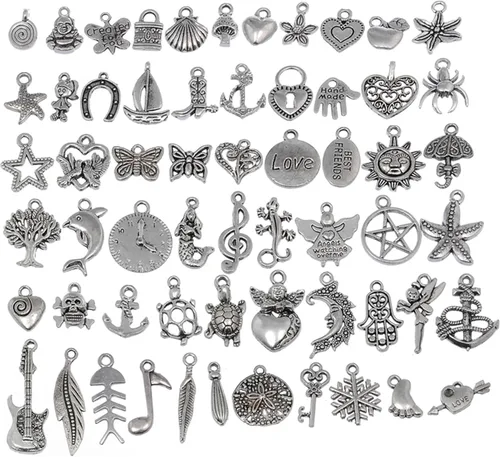 Vista 7 de RUBYCA 50 dijes de plata mixta a granel para hacer joyas, pulseras, colgantes pequeños para collares, color plateado envejecido, como en la imagen