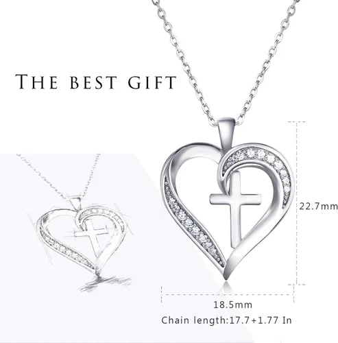 Vista 2 de MISSLAN Collar de cruz para mujer de plata de ley 925, collar de cruz de corazón para mujer, colgante de cadena para mujer, Plata