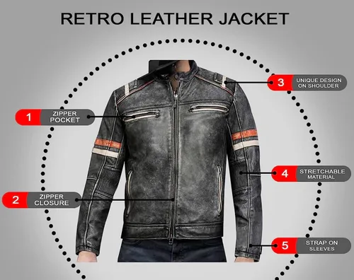 Vista 6 de Spazeup Cafe Racer Chaqueta Vintage Motocicleta Retro Moto Chaqueta de cuero envejecido Chaqueta de motocicleta desgastada para hombre, Retro 2