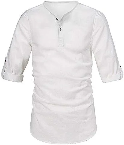 Vista 2 de WZIKAI Camisa de lino para hombre, de manga larga, de algodón, ajuste holgado, para la playa