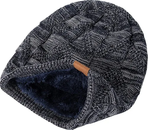 Vista 4 de PAGE ONE Gorro holgado de invierno para hombre, con forro polar cálido, gorro de cráneo holgado de punto trenzado