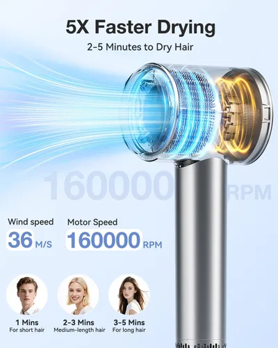 Vista 3 de Secador de pelo, secador de pelo iónico de alta velocidad de bajo ruido con motor de 160000 RPM para secado rápido, secador de pelo portátil