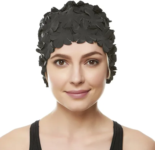 Vista 2 de Gorro de baño floral de pétalo para damas BEEMO, gorra de natación retro para mujeres, pelo largo/corto