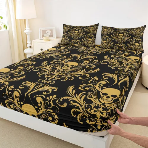 Vista 4 de Sábanas de cama góticas de damasco para adultos, sábana bajera ajustable victoriana antigua, sábanas góticas florales vintage, juego de ropa de cama