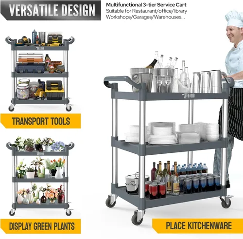 Vista 21 de TUFFIOM Carrito de servicio de plástico de 3 niveles con ruedas, resistente capacidad de 390 libras, rodante comercial, ideal para restaurantes