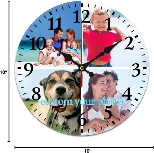 Vista 8 de Reloj de pared personalizado, reloj personalizado con texto de 4 imágenes, reloj de fotos silencioso redondo personalizado de PVC, regalos