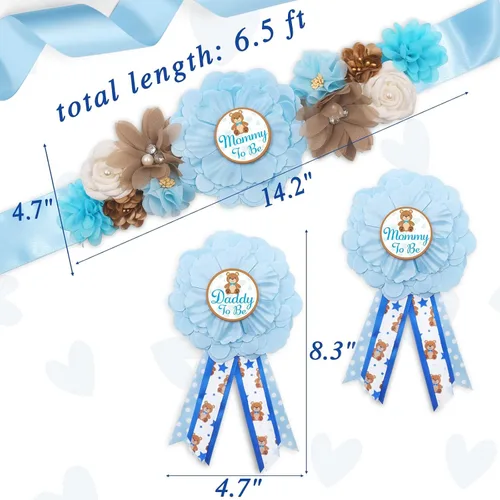 Vista 2 de Vansolinne Oso de peluche azul para maternidad, banda para mamá para ser y papá para ser ramillete, juego de alfileres para oso baby shower