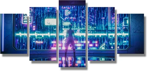Vista 35 de Lienzo decorativo para pared, diseño de ciudad futurista Cyberpunk para sala de estar, impresión multipanel, obra de arte de cocina, pintura