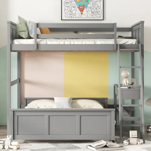 Vista 3 de Litera en forma de L de tamaño matrimonial con escritorio y cajones de Gris con escritorio