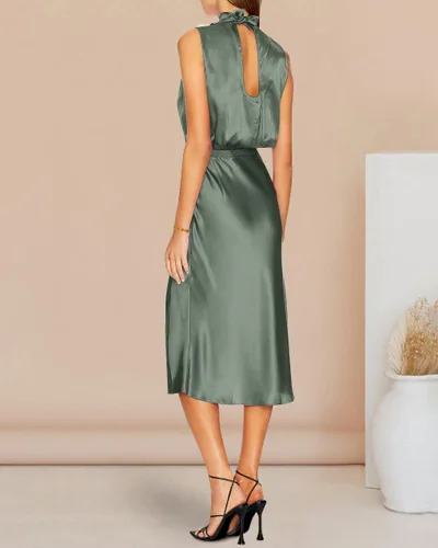 Vista 5 de PRETTYGARDEN Womens 2023 Summer Mock Neck Sleeveless Elastic Waist Slit Midi