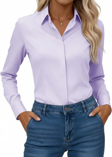 Vista 14 de Gleeivy Camisa con botones para mujer, solapa con botones ocultos, ligera, transpirable, resistente a las manchas, manga larga, trabajo e informal