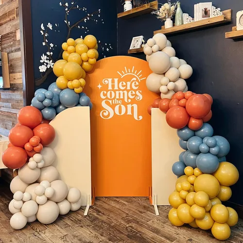 Vista 3 de Here Comes the Son - Kit de Guirnalda de Arco de Globos 147 Piezas Globos Boho Retro Azul Polvoriento Naranja Quemado Amarillo Mostaza para Baby