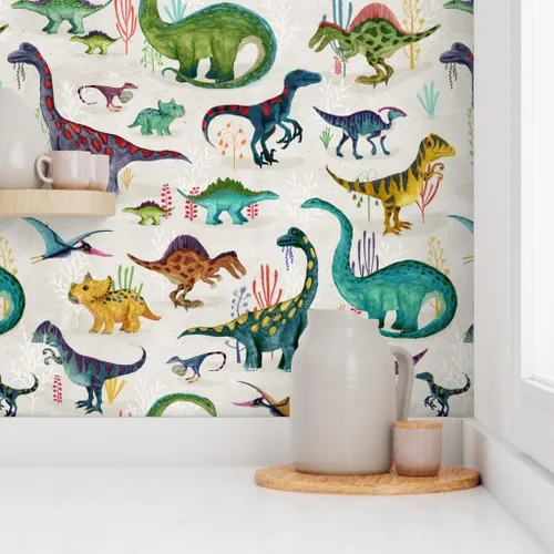 Vista 8 de Muestras de papel tapiz para despegar y pegar, dinosaurios, brillantes, grandes, verdes, para niños, rayas grises, dibujado a mano, dinosaurios