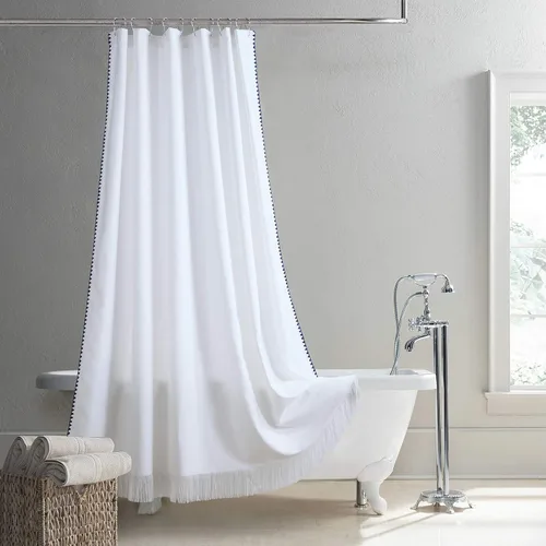 Vista 17 de Arlene - Cortina bohemia con borde bordado cosido azul para ventana, par de paneles de borlas blancas, cada uno de 42 pulgadas de ancho x 84