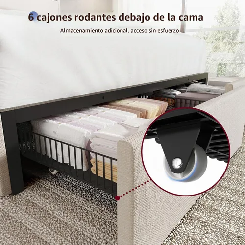 Vista 7 de BRELTAM Base de cama tamaño Queen con 6 cajones de almacenamiento, plataforma tapizada de lino con estación de carga y luces LED, diseño de cabecera