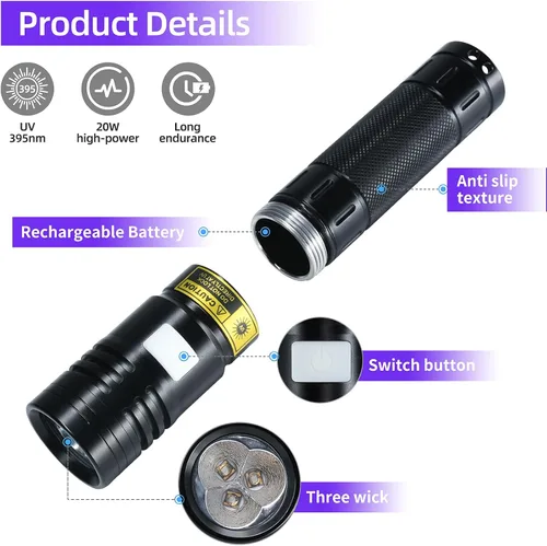 Vista 2 de DARKBEAM Linterna UV 395nm Luz Negra, 20W Alta Potencia 3 LEDs UV USB-C Recargable, Mini Lámpara Woods Ultravioleta con Gafas- Detector para Orina