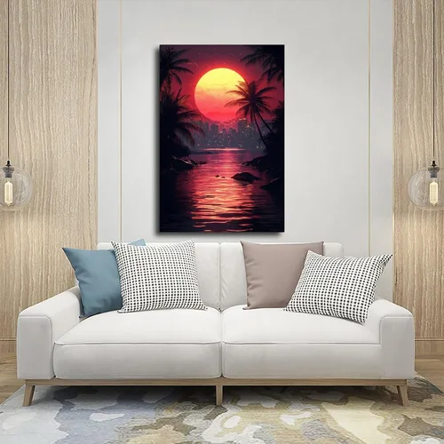 Vista 5 de ZMLIS Futuristic Vaporwave Retro Wall Art – Neon Grid Palm Trees City – Synthwave Style 80s Digital Print Canvas Wall Art Print Poster For Home