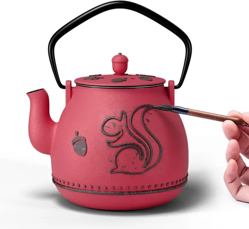 Vista 21 de Toptier Tetera con Infusor Extraíble, Hervidor de Té de Hierro Fundido Apto para Estufa, Diseño Cilíndrico de Geometría Sólida, Tetera Recubierta