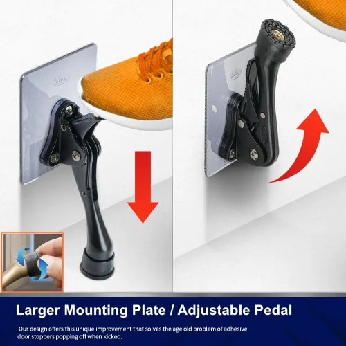 Vista 2 de HOME&I Tope de puerta abatible de 4 pulgadas con placa de montaje autoadhesiva grande, tope de puerta ajustable resistente, soporte de puerta Negro