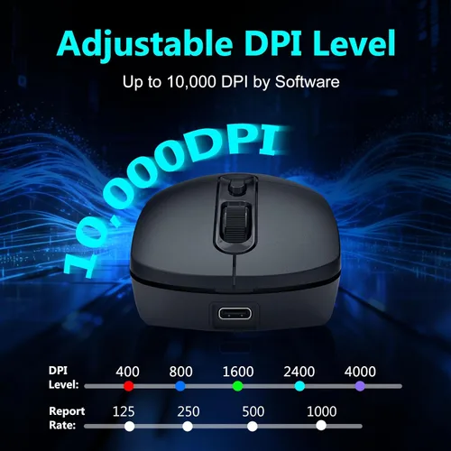 Vista 4 de E-YOOSO Mouse inalámbrico para juegos, 10,000 DPI, trimodo de 2.4 GHz/Bluetooth/USB-C con cable, retroiluminación RGB, 6 botones programables, mouse
