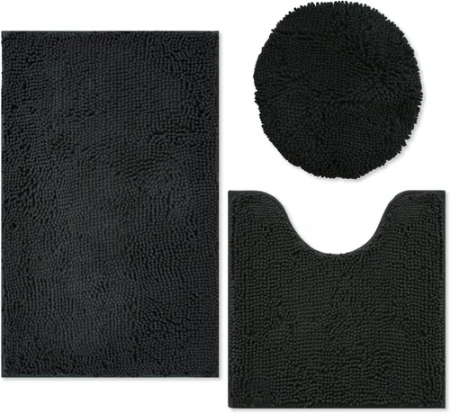 Vista 9 de Juego de 3 alfombras de baño de felpilla ultrasuave, antideslizante y súper absorbente, parte inferior de PVC fuerte, lavable a máquina, para Negro