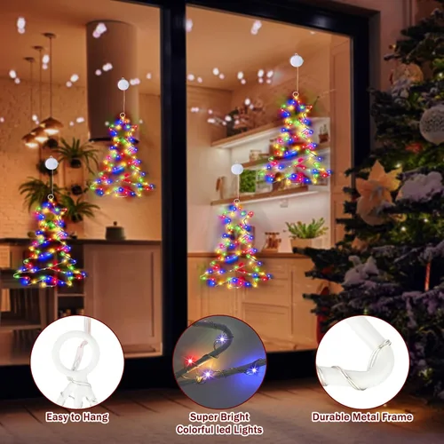 Vista 3 de 2 piezas de luces de ventana de Navidad, luces de árbol de Navidad con batería, luces de ventana de Navidad con marco de metal, decoraciones