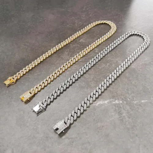 Vista 6 de Cadena de eslabones cubanos para hombre, 0.51 pulgadas de ancho, plataoro, cadena cubana AAA+, diamantes de imitación, aleación de zinc, cadenas