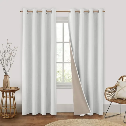 Vista 26 de HOMEIDEAS Cortinas 100% opacas beige de 63 pulgadas de largo, mezcla de lino con textura de oscurecimiento, cortinas con aislamiento térmico
