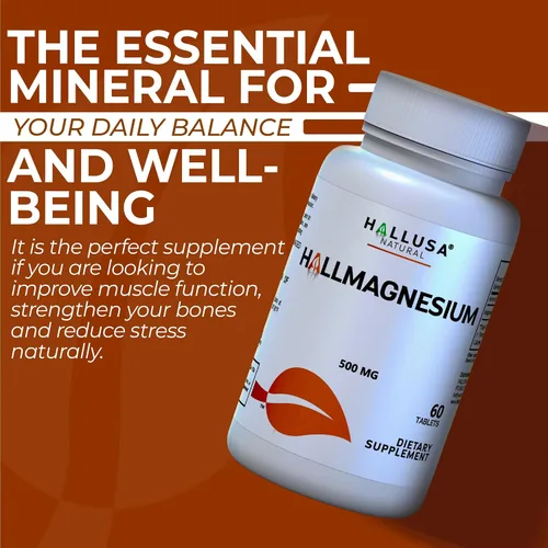 Vista 6 de Hallusa Natural Magnesio para calambres en las piernas, magnesio como óxido 500 mg, 60 cápsulas, suministro de 60 días, relajación muscular, alta
