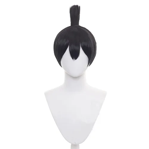 Vista 2 de Lwiuentx Peluca negra de anime Cosplay Hayakawa Aki con cola de caballo para hombres y mujeres, fiesta de Halloween + gorra de peluca gratis