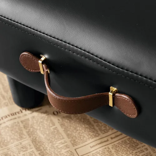 Vista 6 de Taburete de pie pequeño con asa, reposapiés corto de piel sintética negra, taburetes rectangulares de almacenamiento otomano con patas de plástico