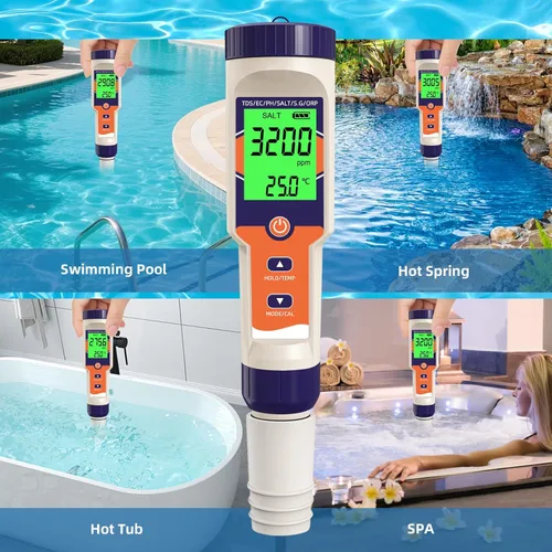 Vista 5 de Probador digital de sal de piscina 7 en 1 pH, ORP, Salinity, TDS, EC, Temperature Meter, For Saltwater Pools, Hot Tubs, Spas, Aquariums, Azul