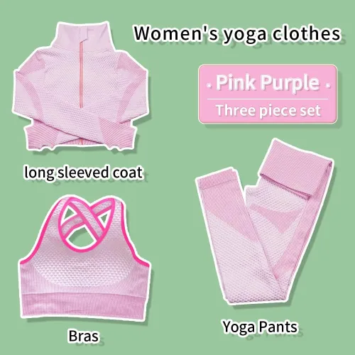 Vista 3 de SINBRLAI Conjunto de 3 piezas de entrenamiento sin costuras para mujer leggings deportivos de yoga y brasier deportivo elástico