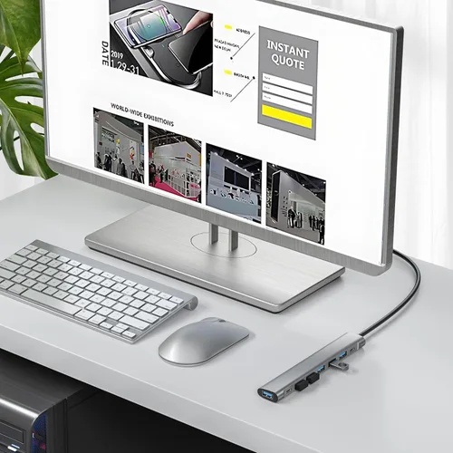 Vista 5 de Cable largo de concentrador USB, adaptador USB 3.0 de 8 puertos con 6 puertos de datos USB 3.0, datos USB-C, divisor USB con puerto de alimentación