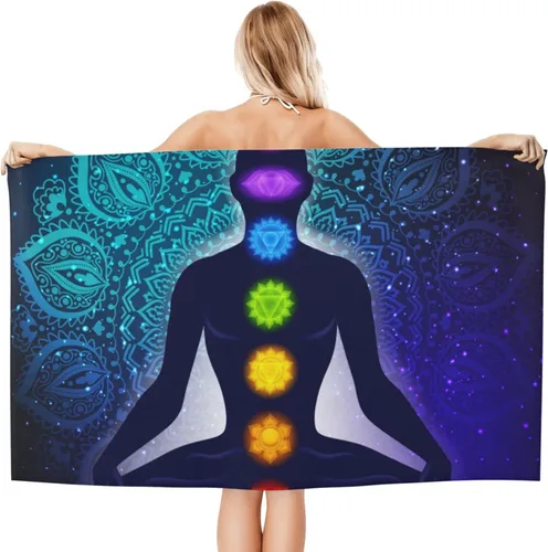 Vista 2 de Toalla de playa colorida con mandala de chakras, galaxia, a prueba de arena, toalla de baño grande para piscina, viajes, yoga, deporte, camping
