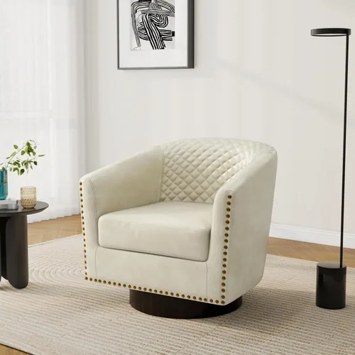 Vista 26 de Pia Ricco Silla de Acento Tipo Barril de Cuero Sintético, Silla de Club Moderna con Brazos, Cómoda Silla Individual Tapizada con Patas de Madera