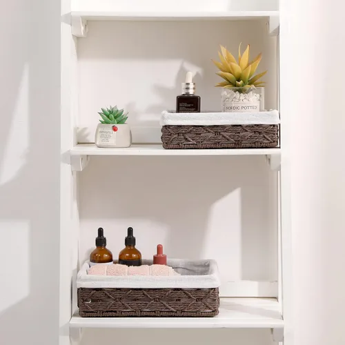 Vista 3 de Cesta rectangular de mimbre con forro, cesta decorativa para mesa de café, organizador de encimera de baño, organizador rectangular de cajones