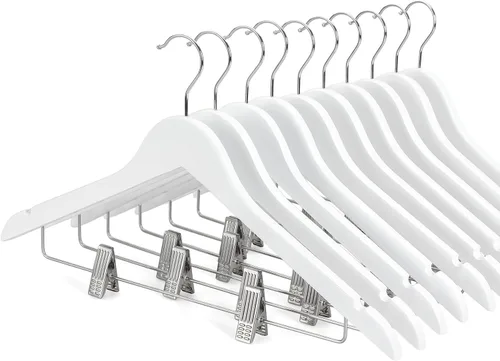 Vista 9 de TOPIA HANGER Perchas de madera para trajes con clips de metal ajustables (paquete de 10), perchas de ropa de madera maciza, gancho giratorio