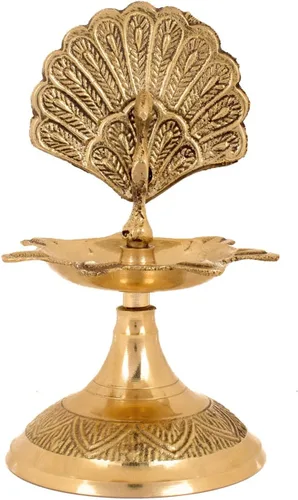 Vista 6 de SATVIK - Lámpara de aceite tradicional de latón virgen puro de 4 pulgadas, pavo real, kerala, samai, puja diya, lámpara de aceite tradicional