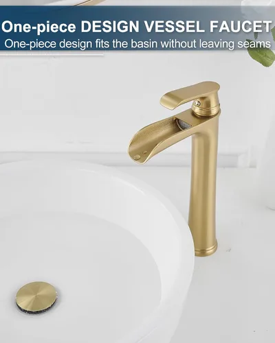 Vista 9 de Grifo para fregadero de recipiente, grifo de baño alto de latón en cascada, 1 manija, grifos dorados para mueble de baño, 1 agujero con drenaje