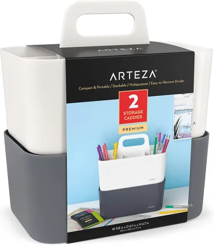 Vista 6 de ARTEZA Organizador portátil de plástico para manualidades, paquete de 2, gris y marfil, cesta de plástico de 3 secciones con asa, organizador