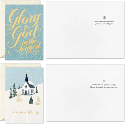 Vista 4 de Hallmark Surtido de tarjetas religiosas de Navidad, paz celestial (36 tarjetas y sobres) Azul polvoriento y lámina dorada