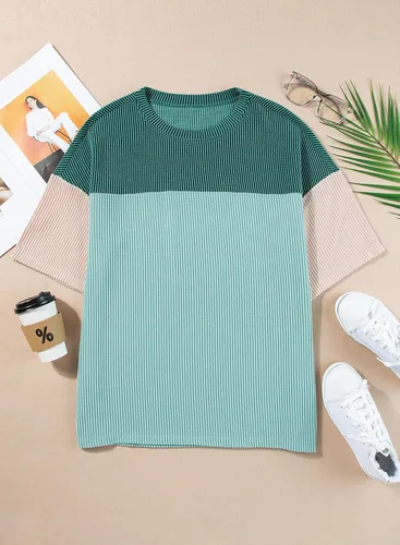 Vista 7 de EVALESS Camisetas de verano de manga corta con cuello redondo para mujer, bloque de color, ligeras