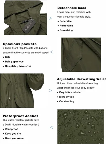 Vista 4 de IN'VOLAND Chaqueta impermeable para mujer, talla grande, impermeable, ligera, con capucha, con bolsillos, para mujer