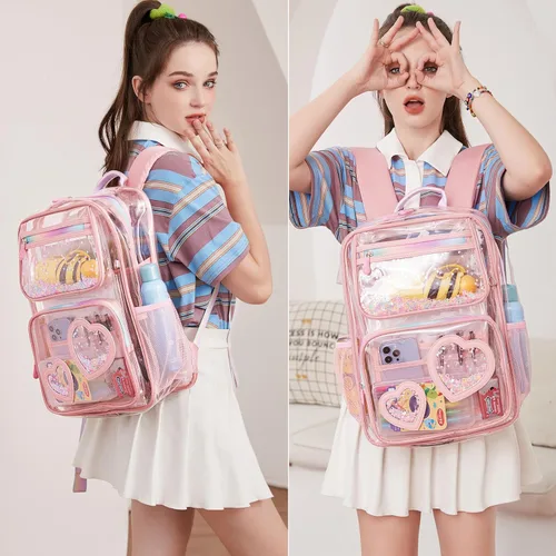 Vista 2 de Mochila transparente para niñas y mujeres, mochila transparente para niños, escuela primaria, universidad, mochila de viaje para laptop, mochilas
