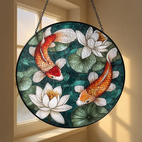 Vista 3 de Koi Pond Glass Suncatcher, Zen Inspired Window Decor Gift