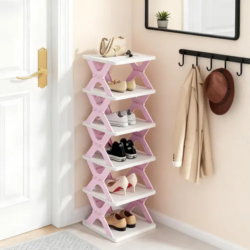 Vista 7 de Zapatero Plegable de 6 Niveles para Niños, Pequeño Organizador Vertical de Zapatos Plegable para Entrada de Puerta Delantera, Dormitorio, Recámara