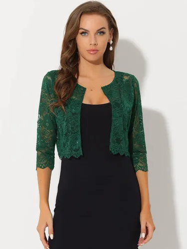 Vista 2 de Allegra K Cárdigan de encaje para mujer, frente abierto, con encaje, elegante, transparente, floral, recortado, bolero, tops de encaje