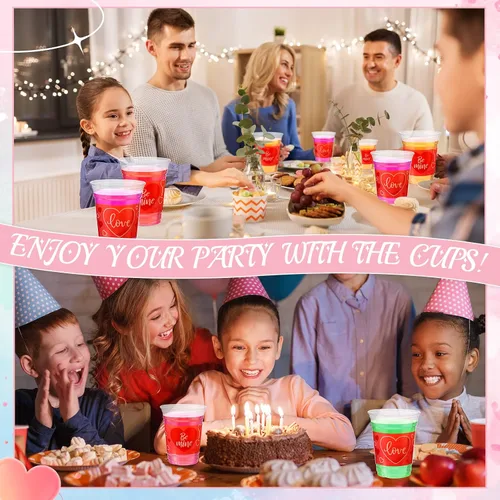 Vista 7 de Meanplan 100 vasos de plástico de San Valentín de 12 onzas a granel, vasos de San Valentín a granel, vasos de corazón rosa, suministros de fiesta
