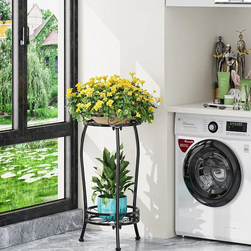 Vista 4 de Simple Trending Soporte para plantas para interiores y exteriores, estante redondo alto para plantas, soporte de metal de 2 niveles para maceta